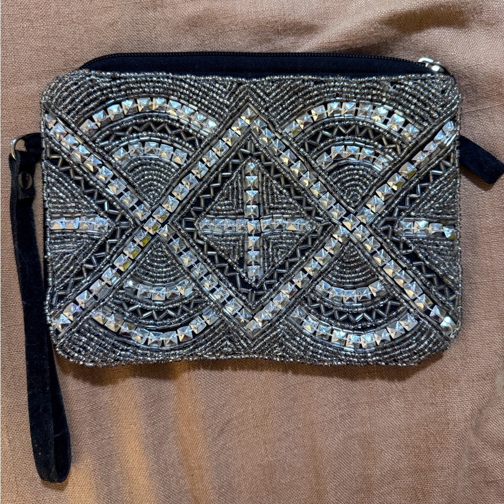 Silver Beaded Wristlet Clutch Sequin Black Sueded Cotton Zip Close Purse